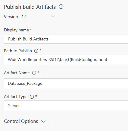 Publish Build Artifacts displays with the fields set to the previously mentioned settings.